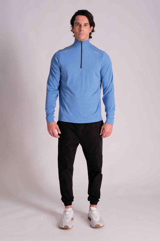 SPR0004 - Mid-weight Mock Neck Long Sleeve Half Zip Running Top - Heather Blue