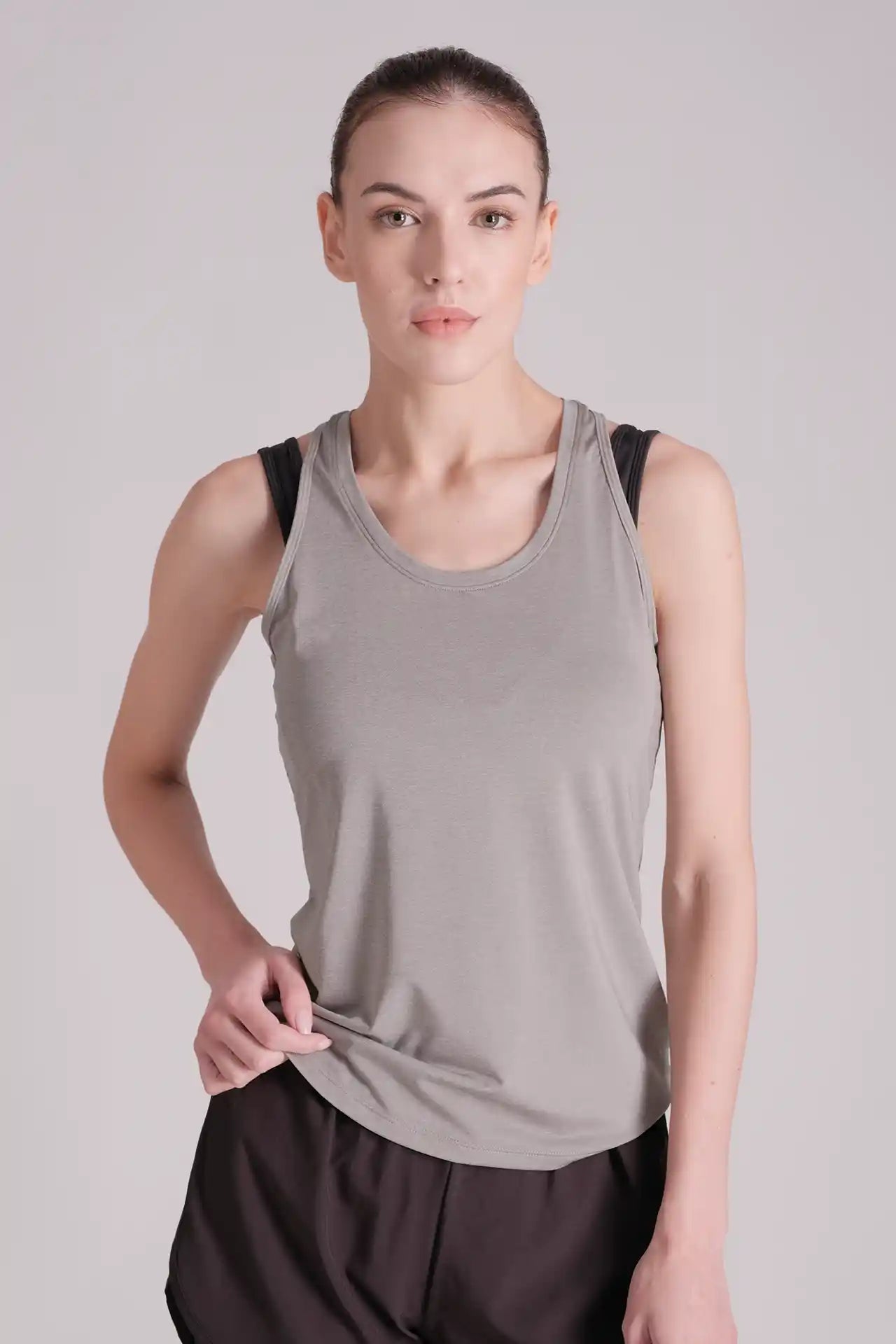 SPWK0147 - Women's Deep Spoon Neck Racer Tank Top - Grey