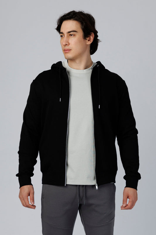 SPN0342 - Ultra Soft Mid-weight Thermal Cotton Blend Fleece Zip-UP Hooded Jacket - Black