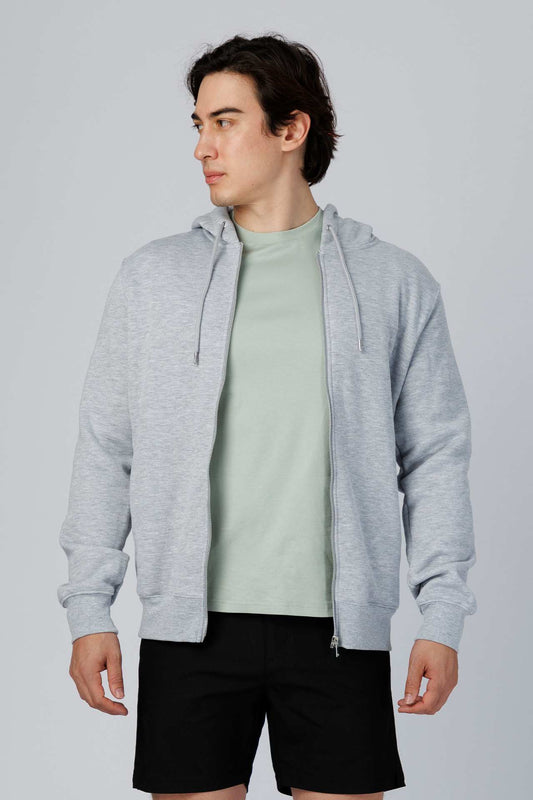 SPN0342 - Ultra Soft Mid-weight Thermal Cotton Blend Fleece Zip-UP Hooded Jacket - Heather Grey