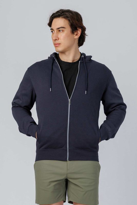 SPN0342 - Ultra Soft Mid-weight Thermal Cotton Blend Fleece Zip-UP Hooded Jacket - Navy