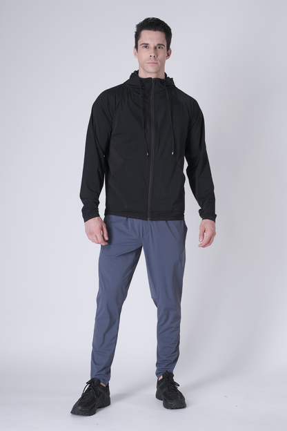 SPO0163 - Lightweight Stretch Nylon Workout Hooded Jacket - Black