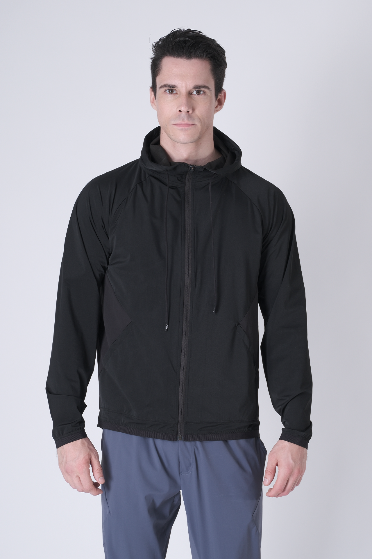 SPO0163 - Lightweight Stretch Nylon Workout Hooded Jacket - Black