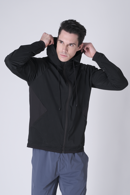 SPO0163 - Lightweight Stretch Nylon Workout Hooded Jacket - Black