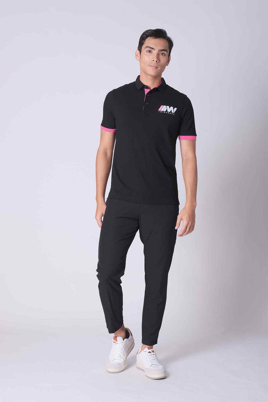 SPP0048 - Stretch Pique Color-Blocking Short Sleeve Polo Shirt - Black / Pink