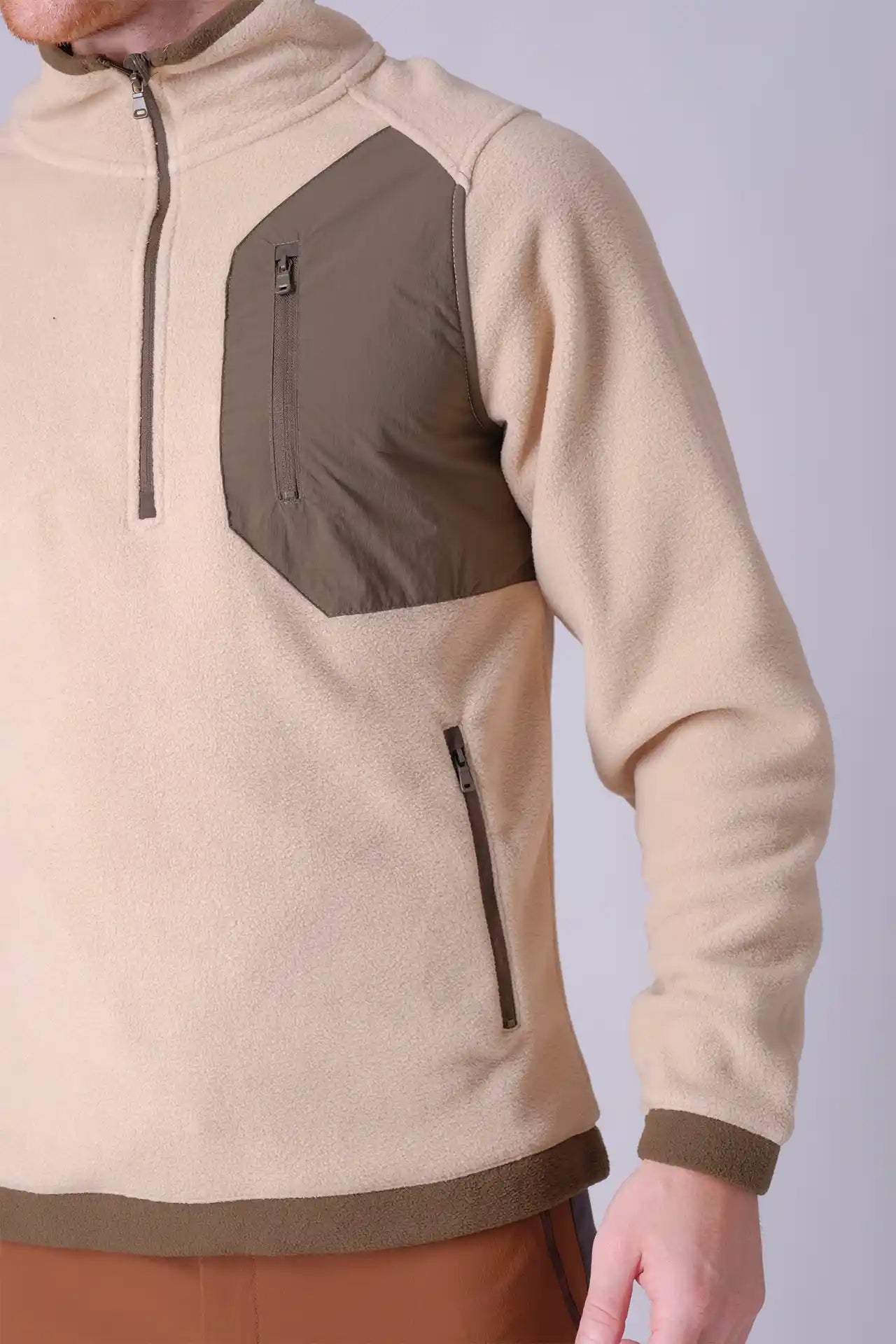 SPR0014- Sustainable Polar Fleece Insulated Half Zip Outdoor Pullover - Cream