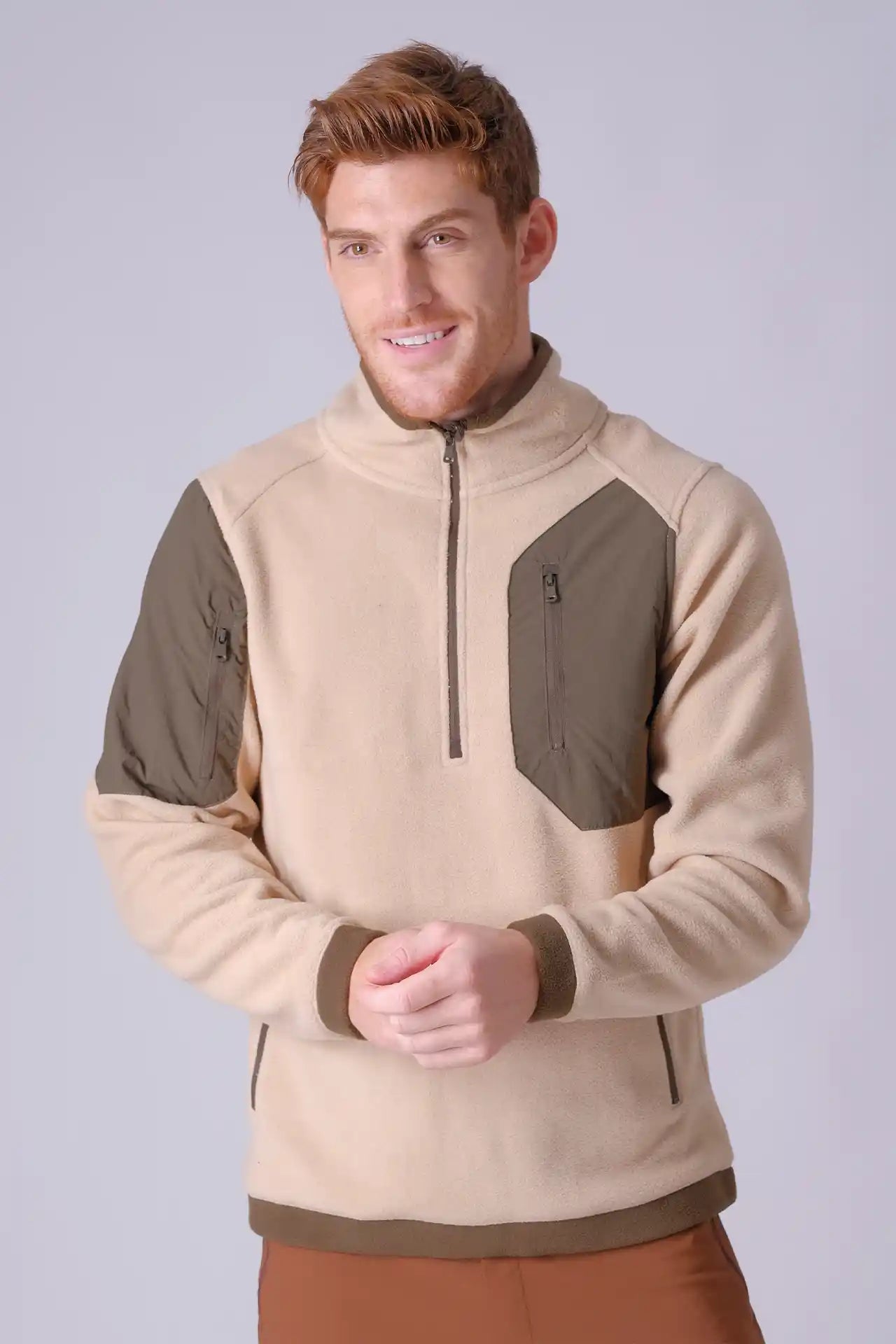 SPR0014- Sustainable Polar Fleece Insulated Half Zip Outdoor Pullover - Cream