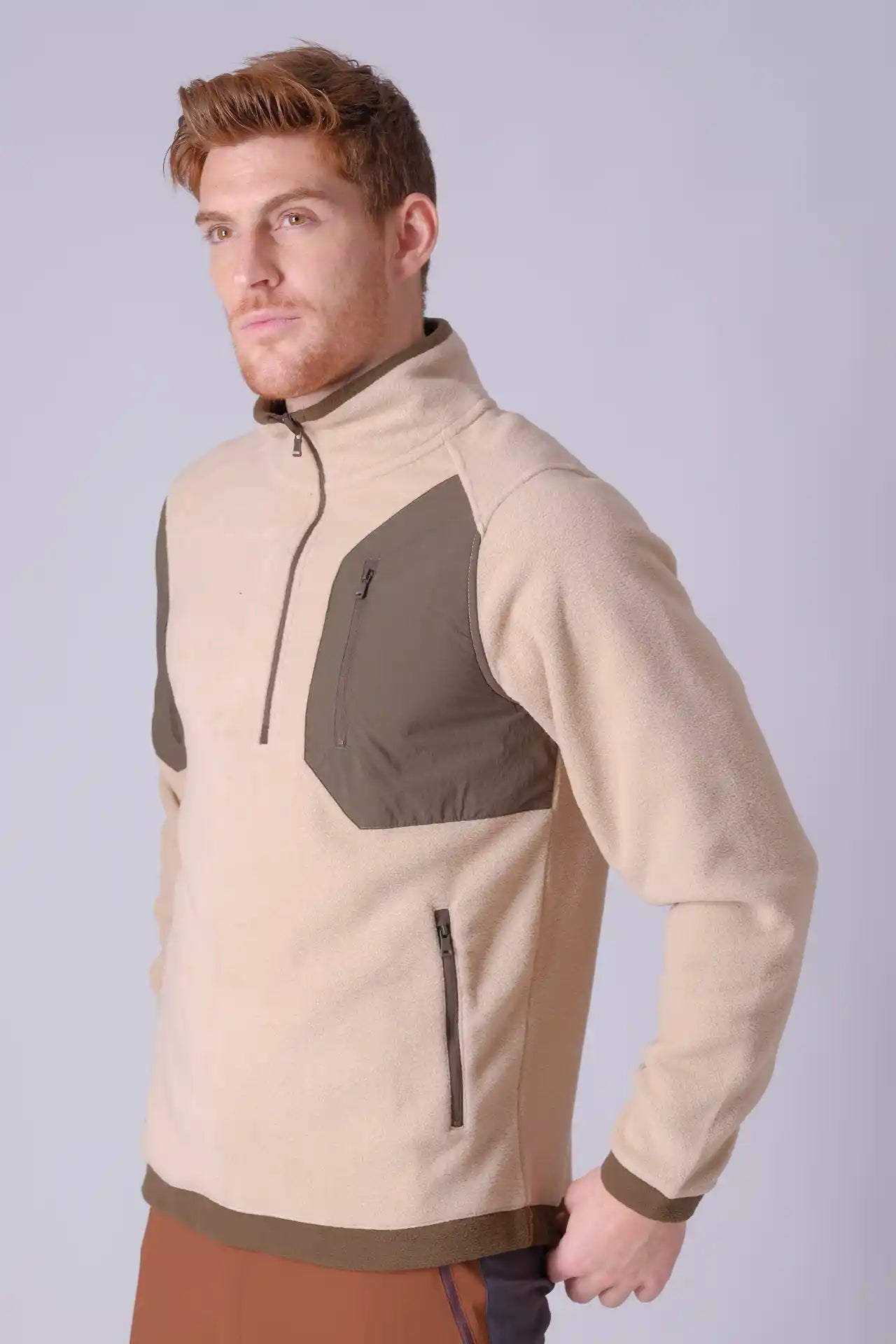 SPR0014- Sustainable Polar Fleece Insulated Half Zip Outdoor Pullover - Cream